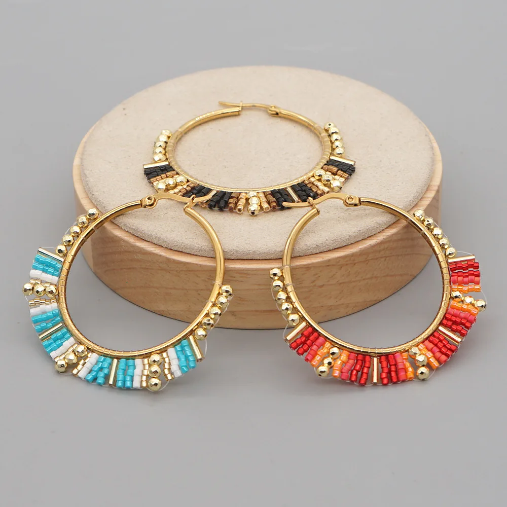 Tassel Earrings Boho - Big Circle Earrings Hand beading Bohemia